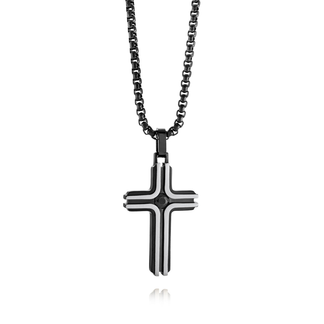 Steel Black Cz Cross Pendant Necklace
