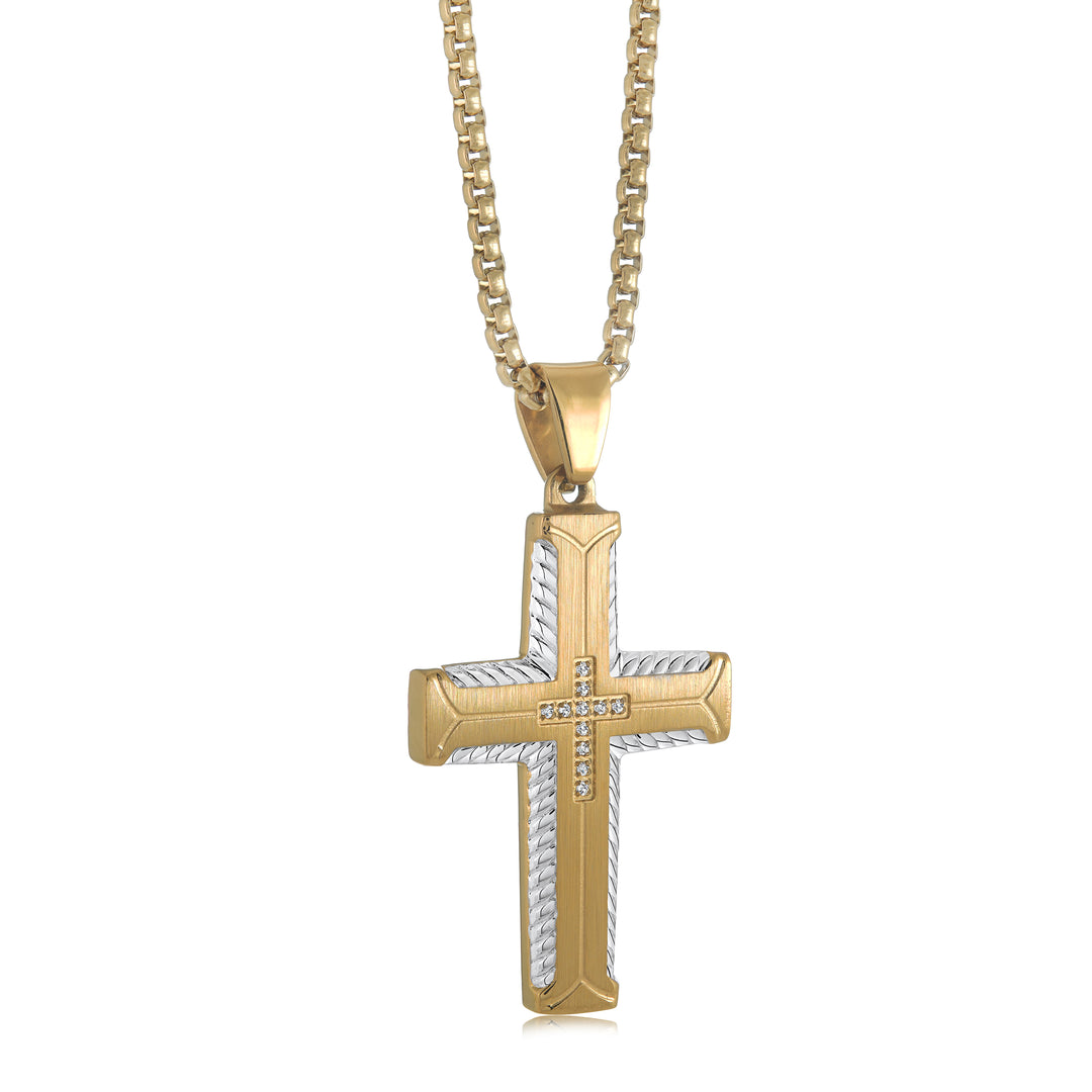 Studded Etch Two-Tone Etched Cross Pendant