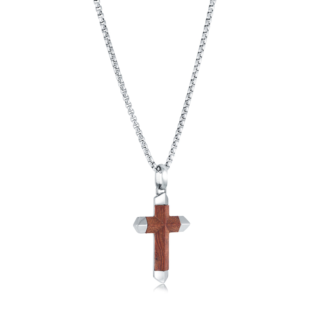 Wood Inlay Cross Pendant Necklace