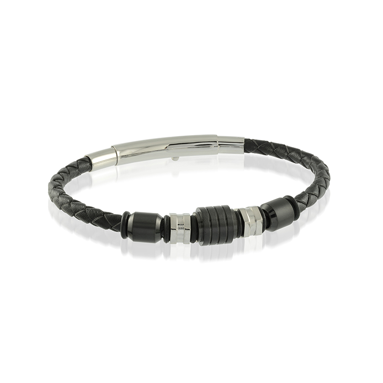 MIX BEADS STAINLESS STEEL AND LEATHER ADJUSTABLE BRACELET