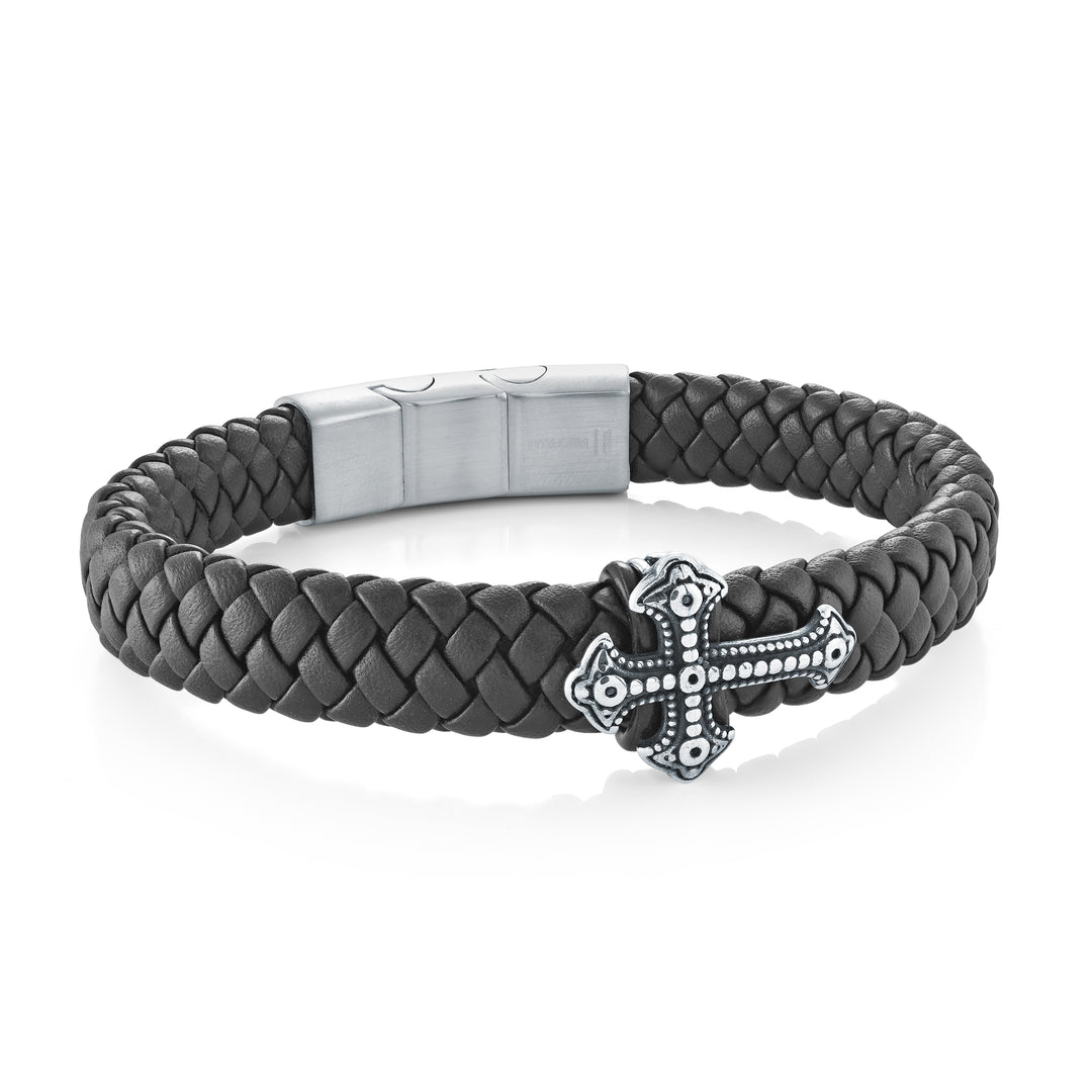 12mm Black Leather Detailed Cross Bracelet