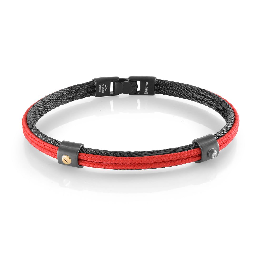 3 ROW STAINLESS STEEL CABLE RED CORD 18K GOLD ACCENT