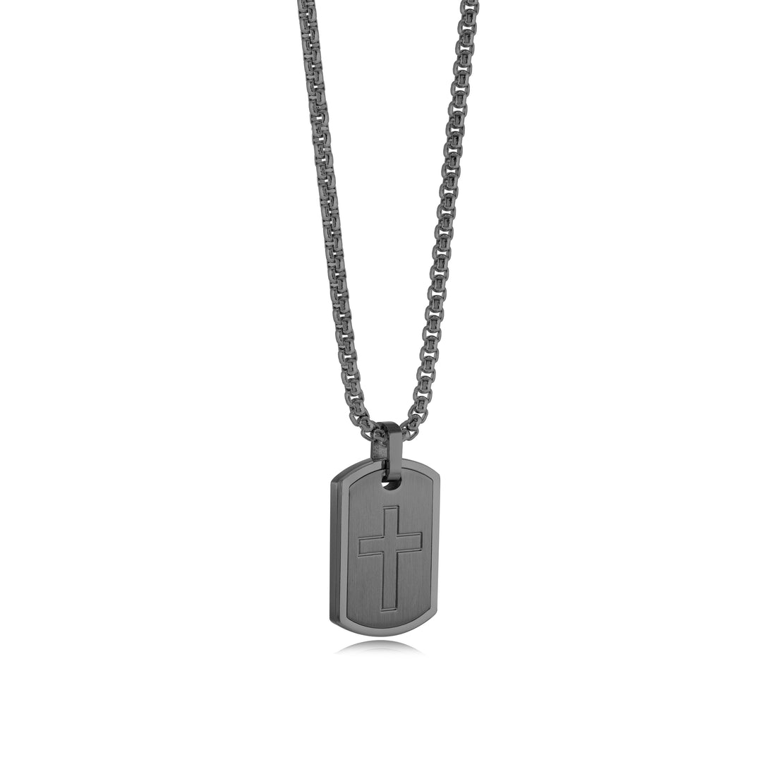 Brushed Steel Cross Inlayed Dogtag Pendant
